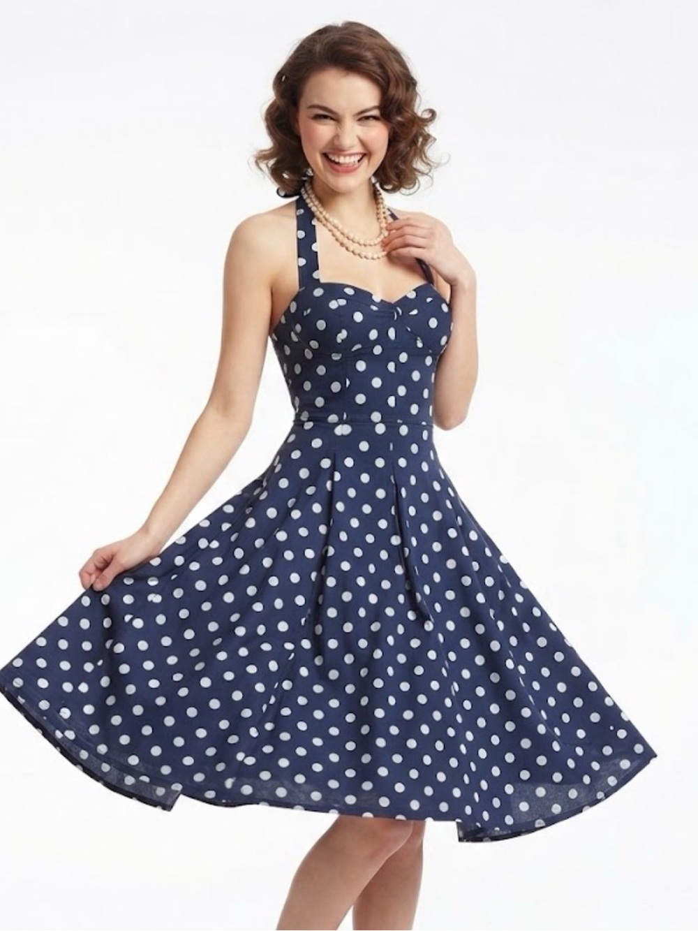 Betsey Johnson Navy Blue White Polka Dot Halter Dress Size 6